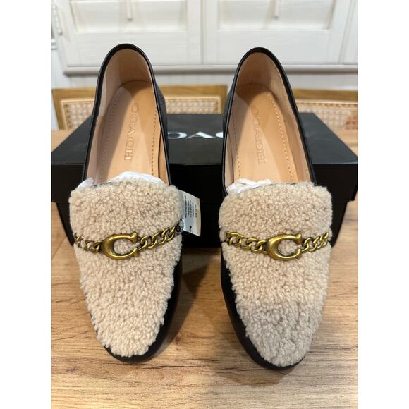 Coach Helena C Chain Loafers Leather & Shearling Black Cream Gold Size 6.5 NIB - Picture 7 of 15